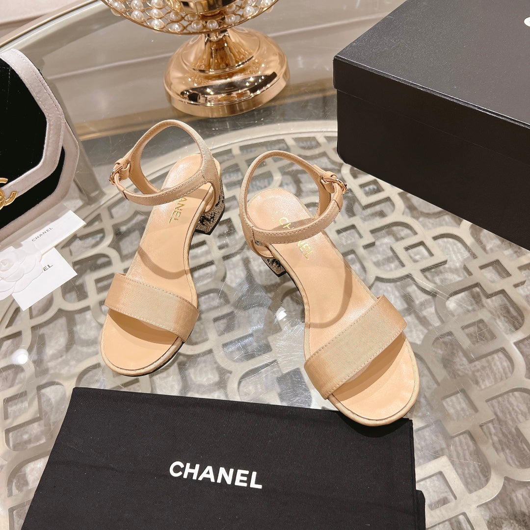 CC 25C 5CM Mid Heed Sandals Cream Fabric 213322