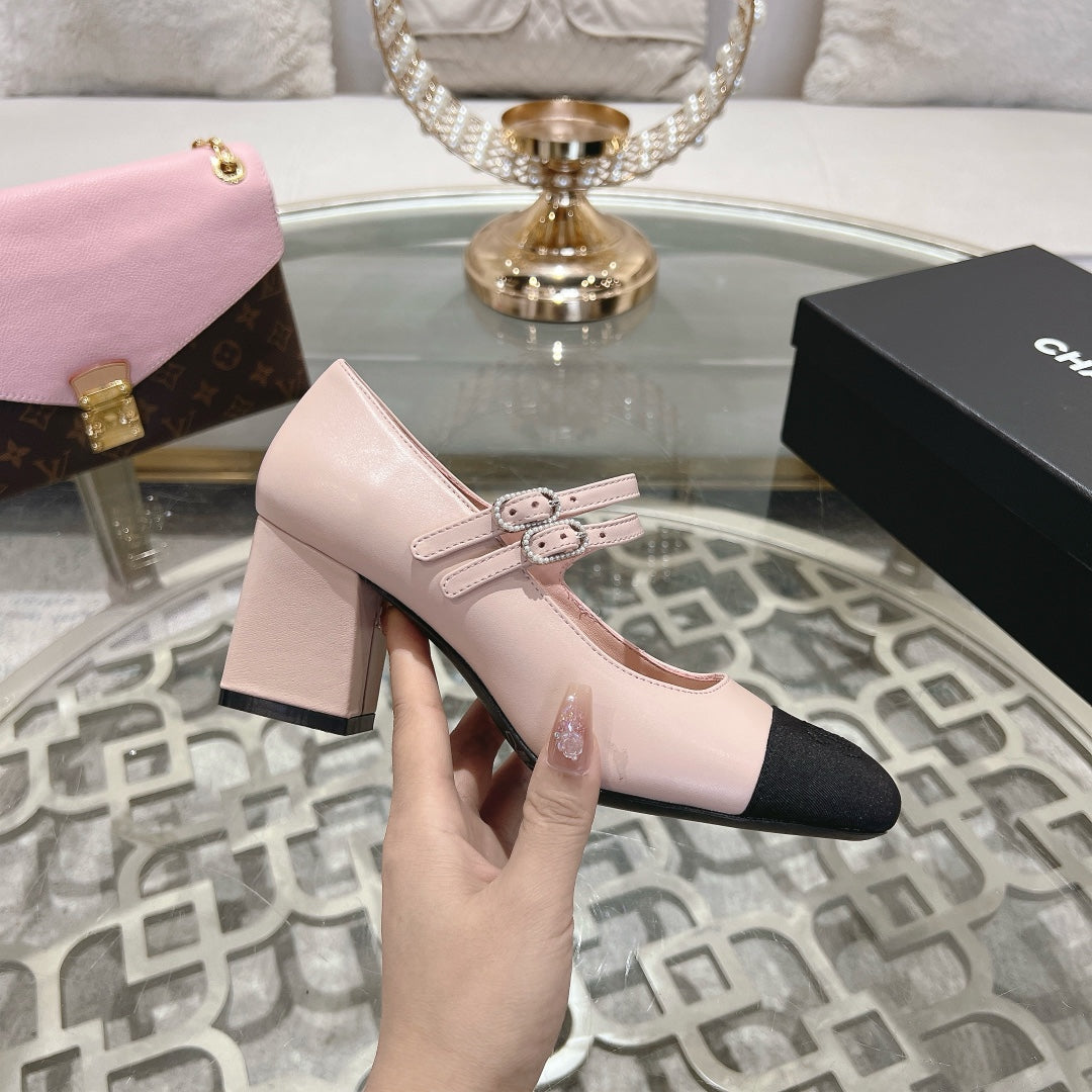 mary janes 60 double buckle light pink calfskin black grosgrain