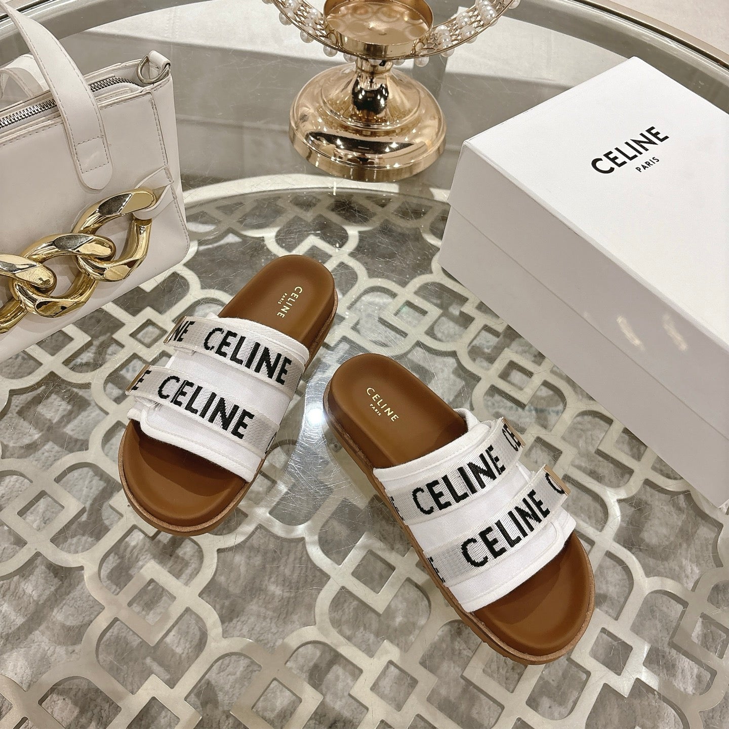 Celine 26 Pitea Sandals Jacquard Cotton Fabric Leather 736580