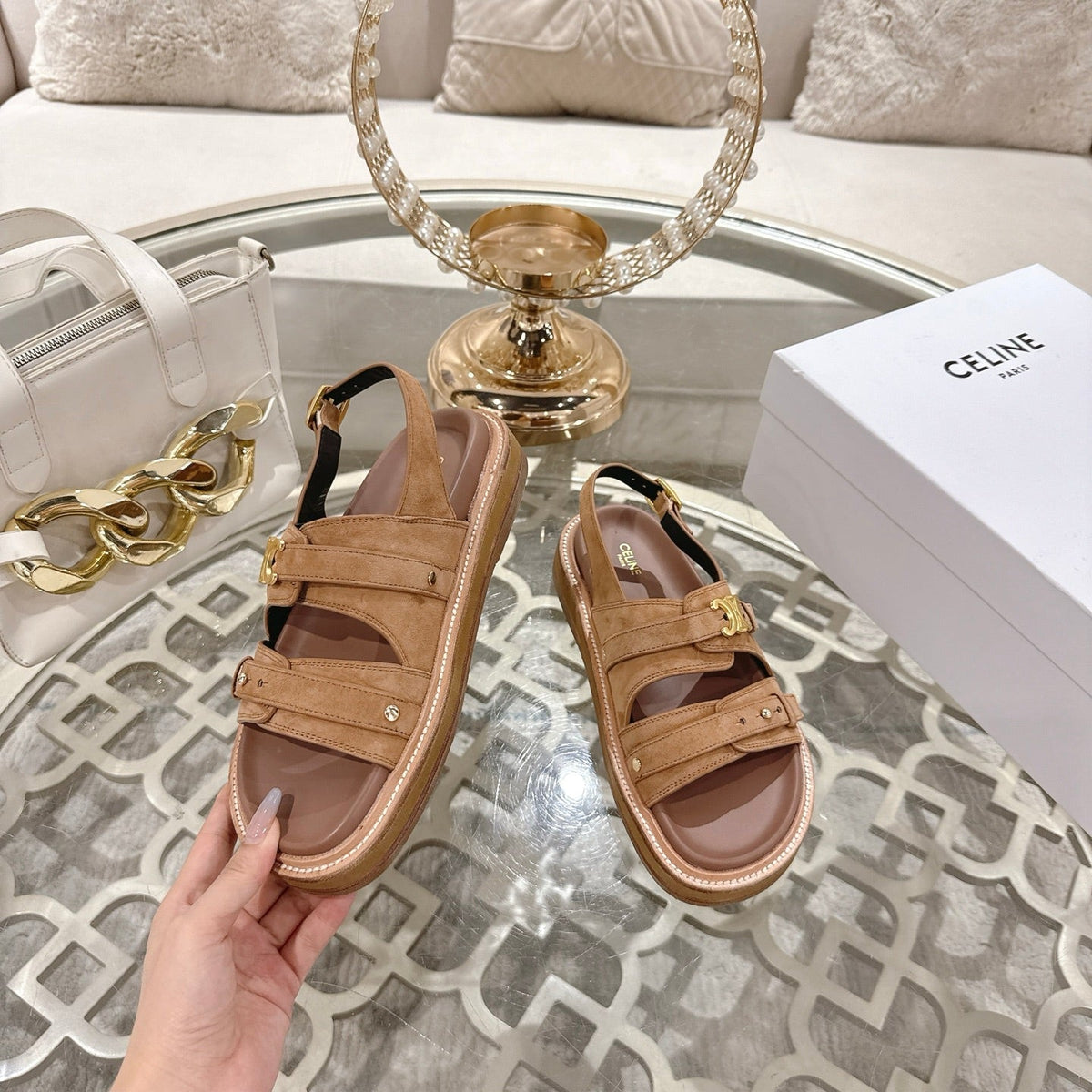Celine 26 Tippi Triomphe Sandals In Suede Calfskin 736602