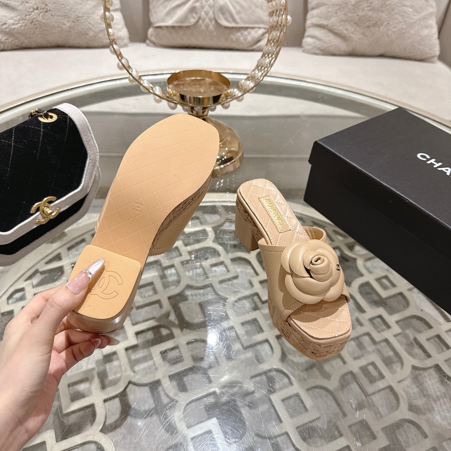 CC 26s Camellia Platform Slippers 65 Beige Lambskin 627049
