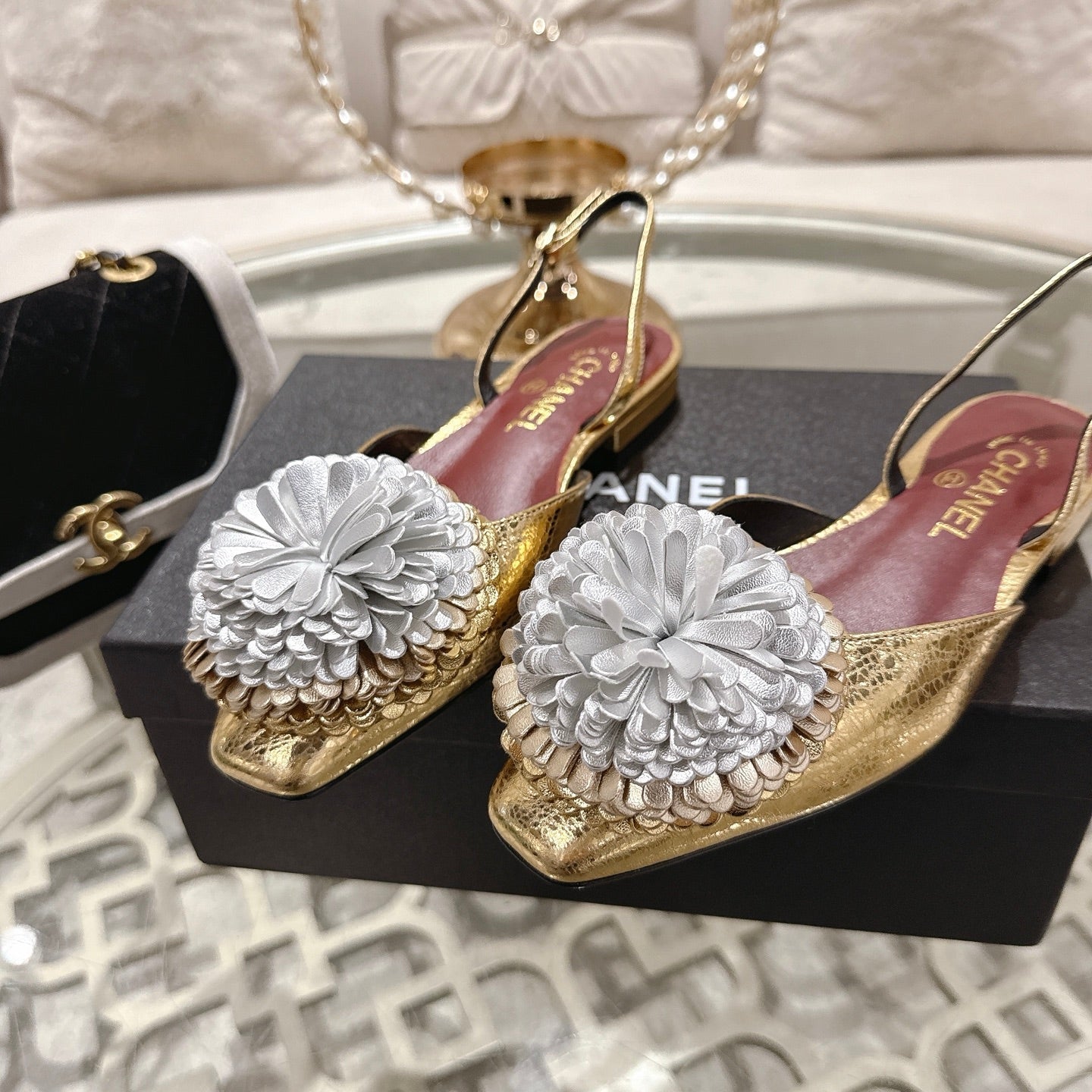 CC 26s Floral Backless Sandals Gold Sliver Sheepskin 627020