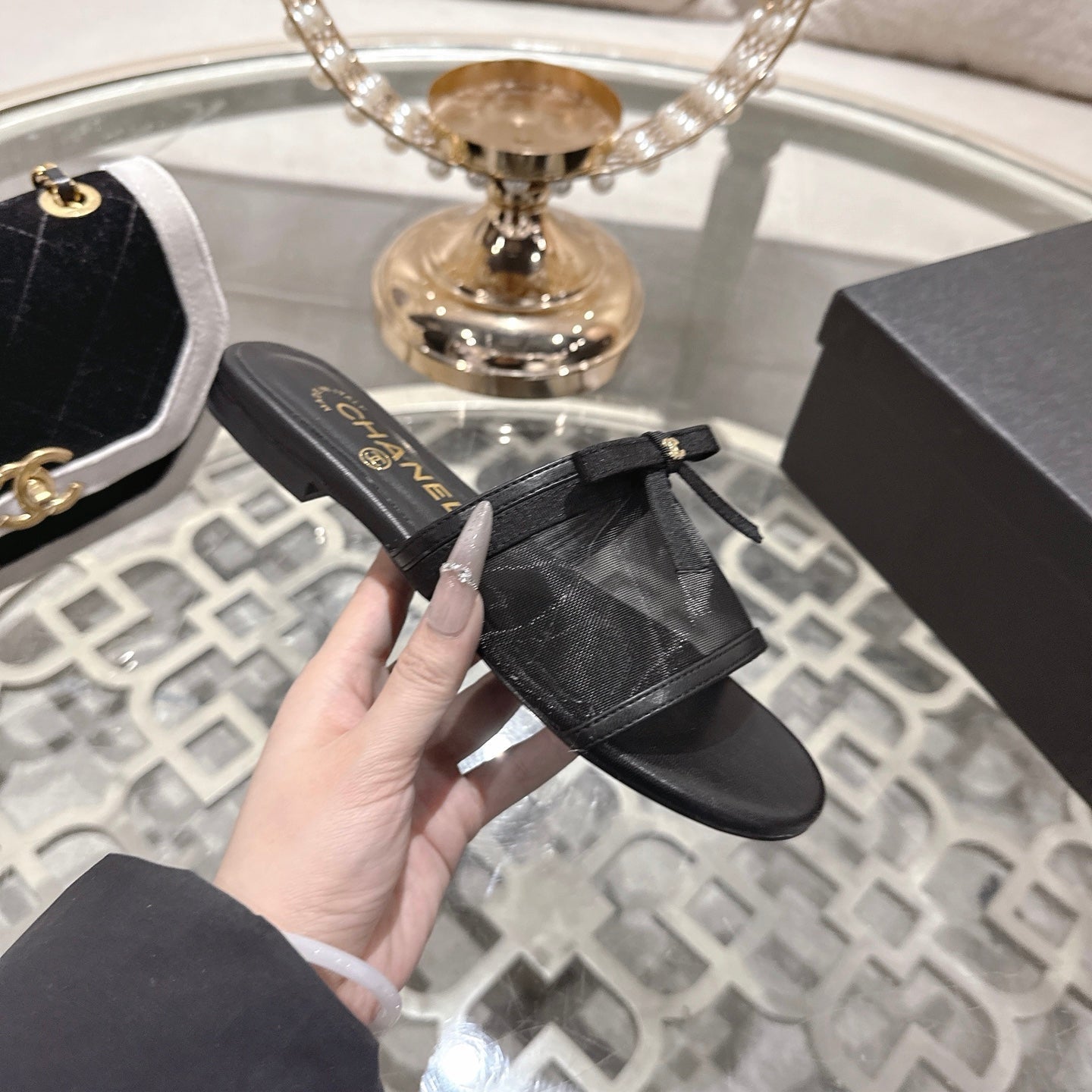 CC 26s Chunky Heel Sandals Black Mesh Sheepskin 627065