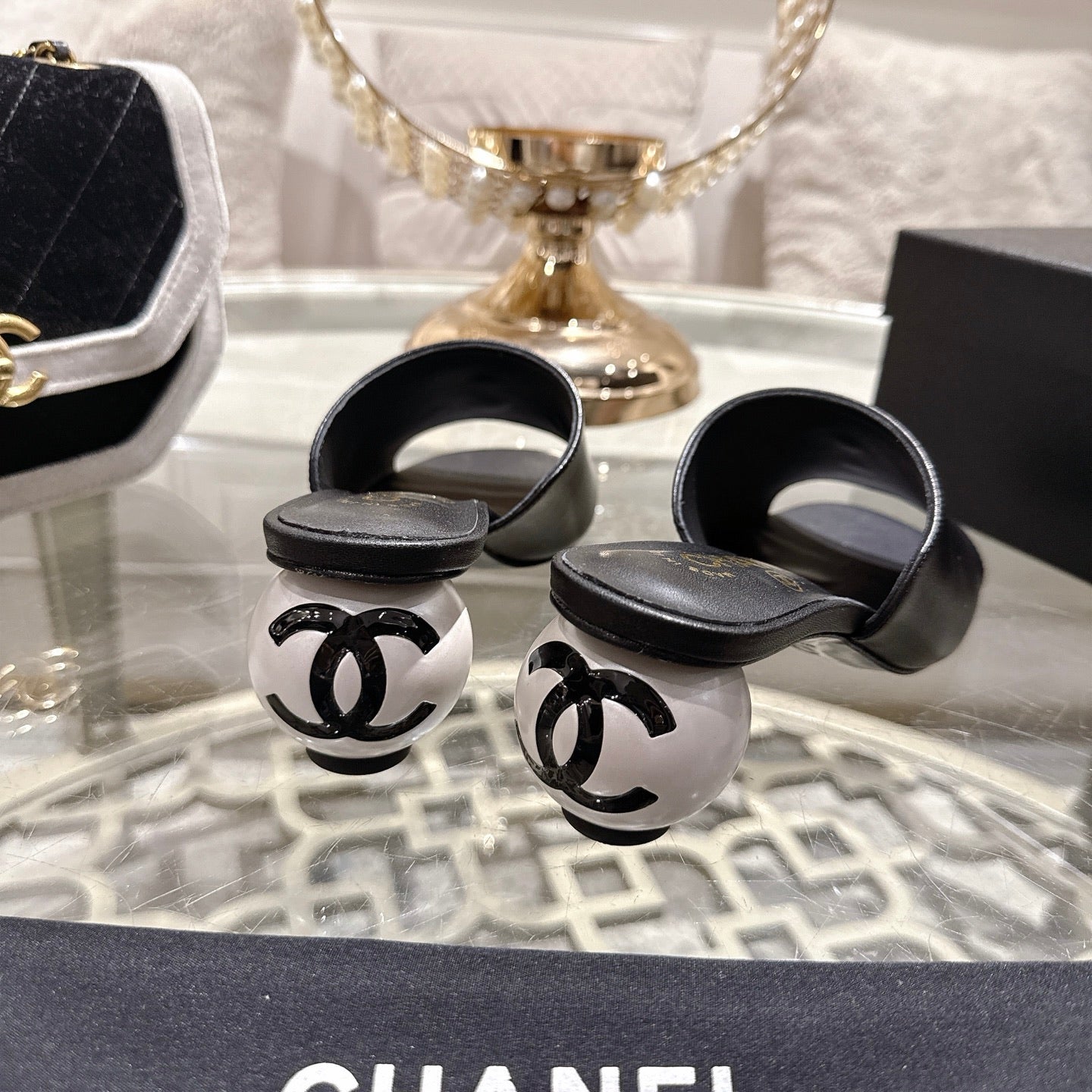 Chanel 2026 Double C Pearl High-Heeled Sandals Leather Lambskin 834456