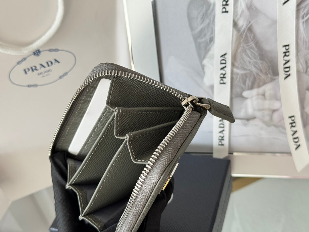 Prada 2026 Cardholder Zipper Bag 10cm Logo Silver Calfskin