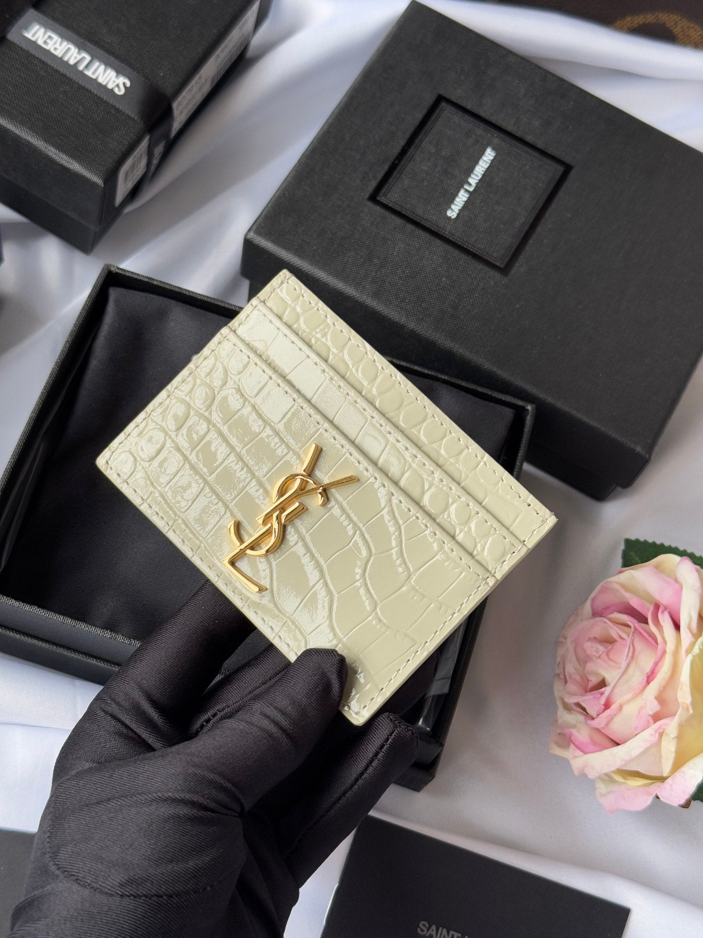 YSL Card Holder 10cm Wallet Cream Gold Leather 240565