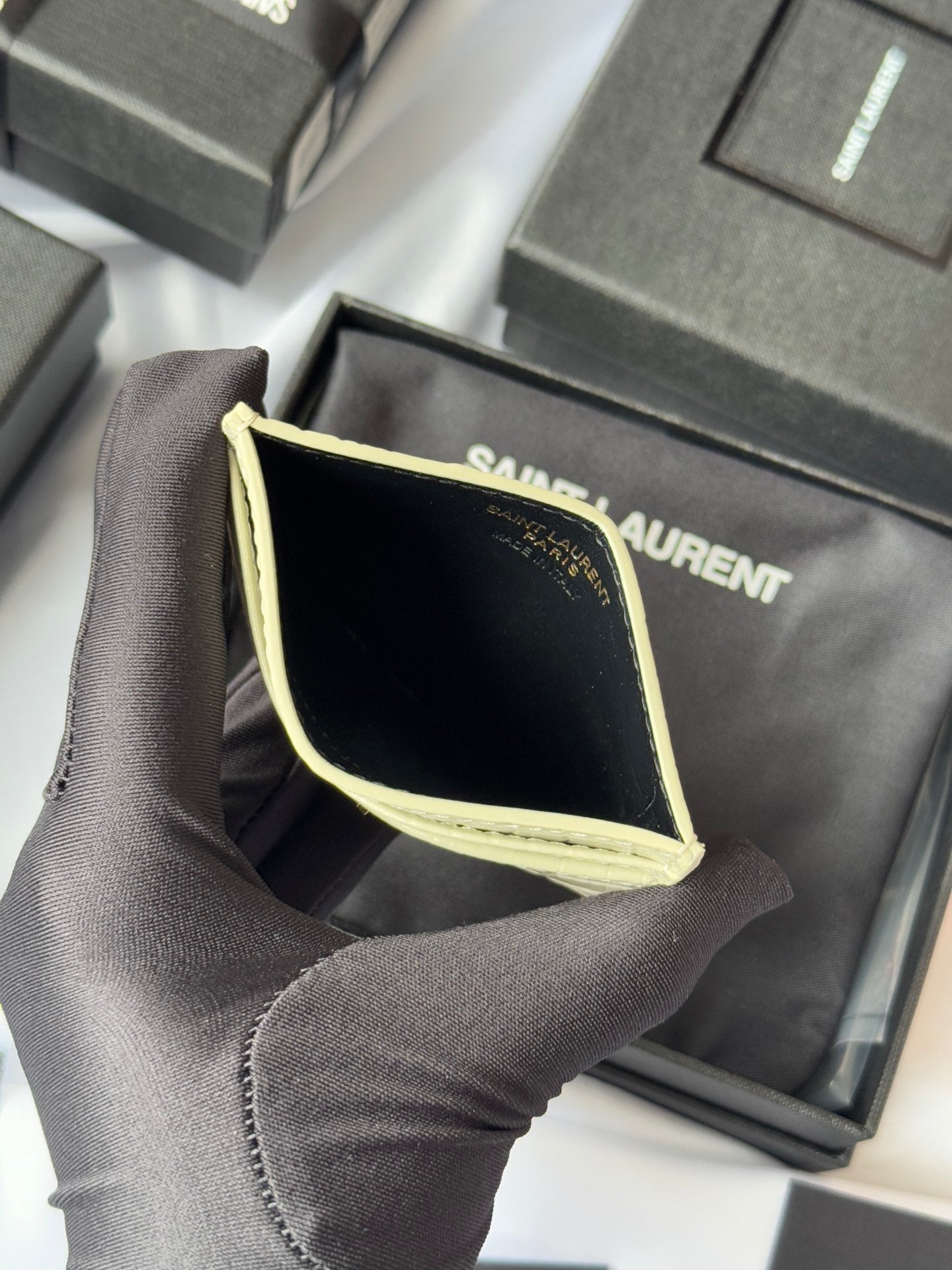 YSL Card Holder 10cm Wallet Cream Gold Leather 240565