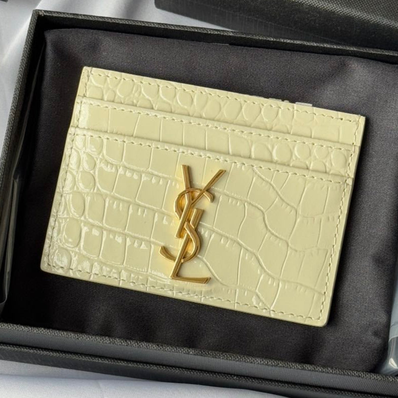 YSL Card Holder 10cm Wallet Cream Gold Leather 240565