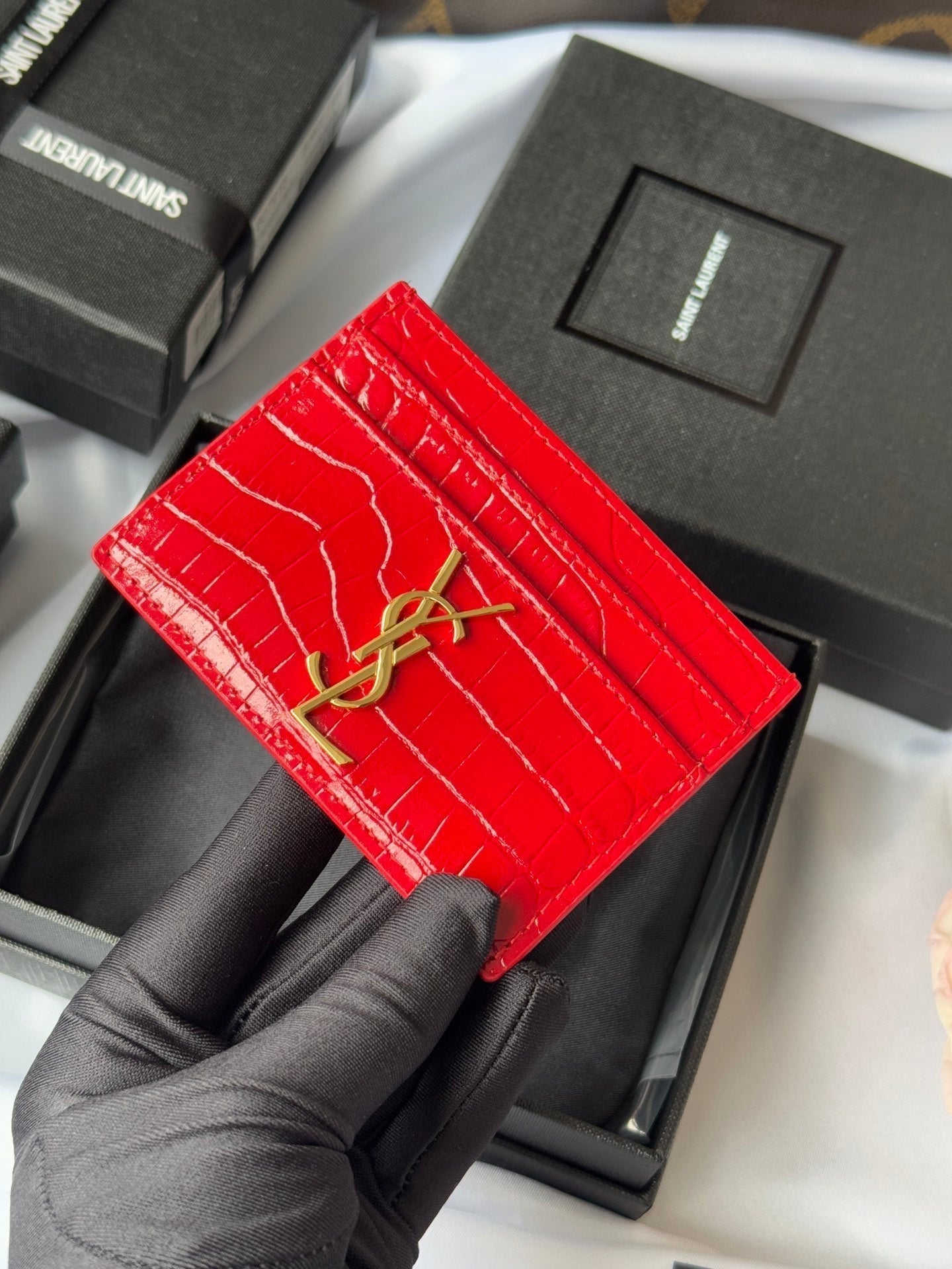 YSL Card Holder 10cm Wallet Red Gold Leather 240563