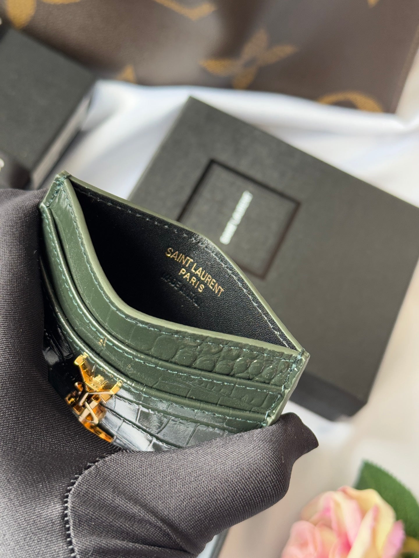 YSL Card Holder 10cm Wallet Dark Green Gold Leather 240561