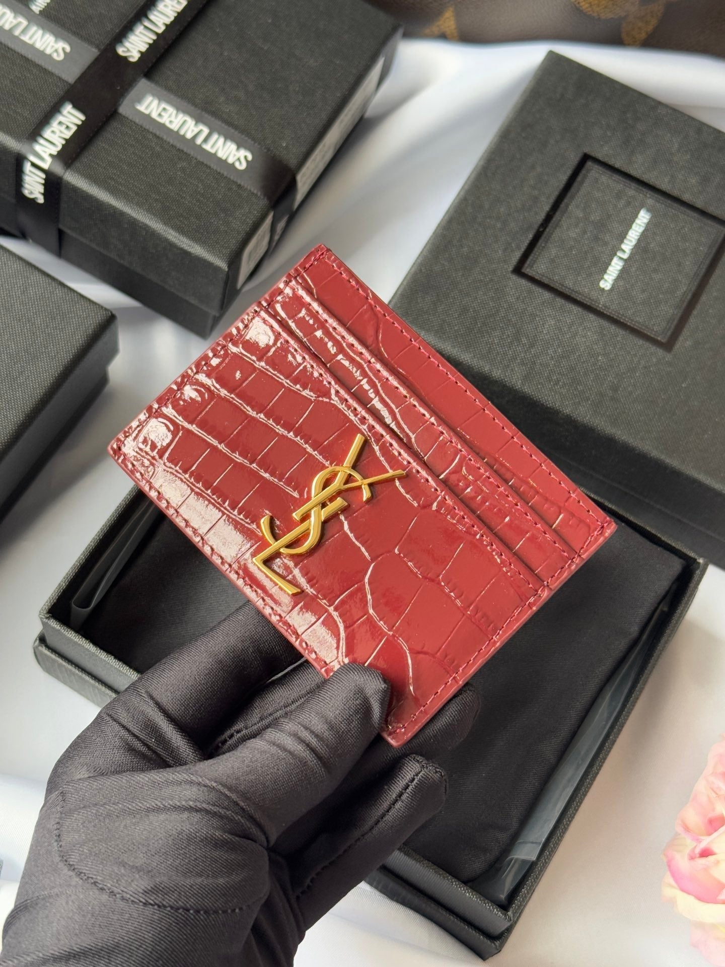 YSL Card Holder 10cm Wallet Burgundy Gold Leather 240559