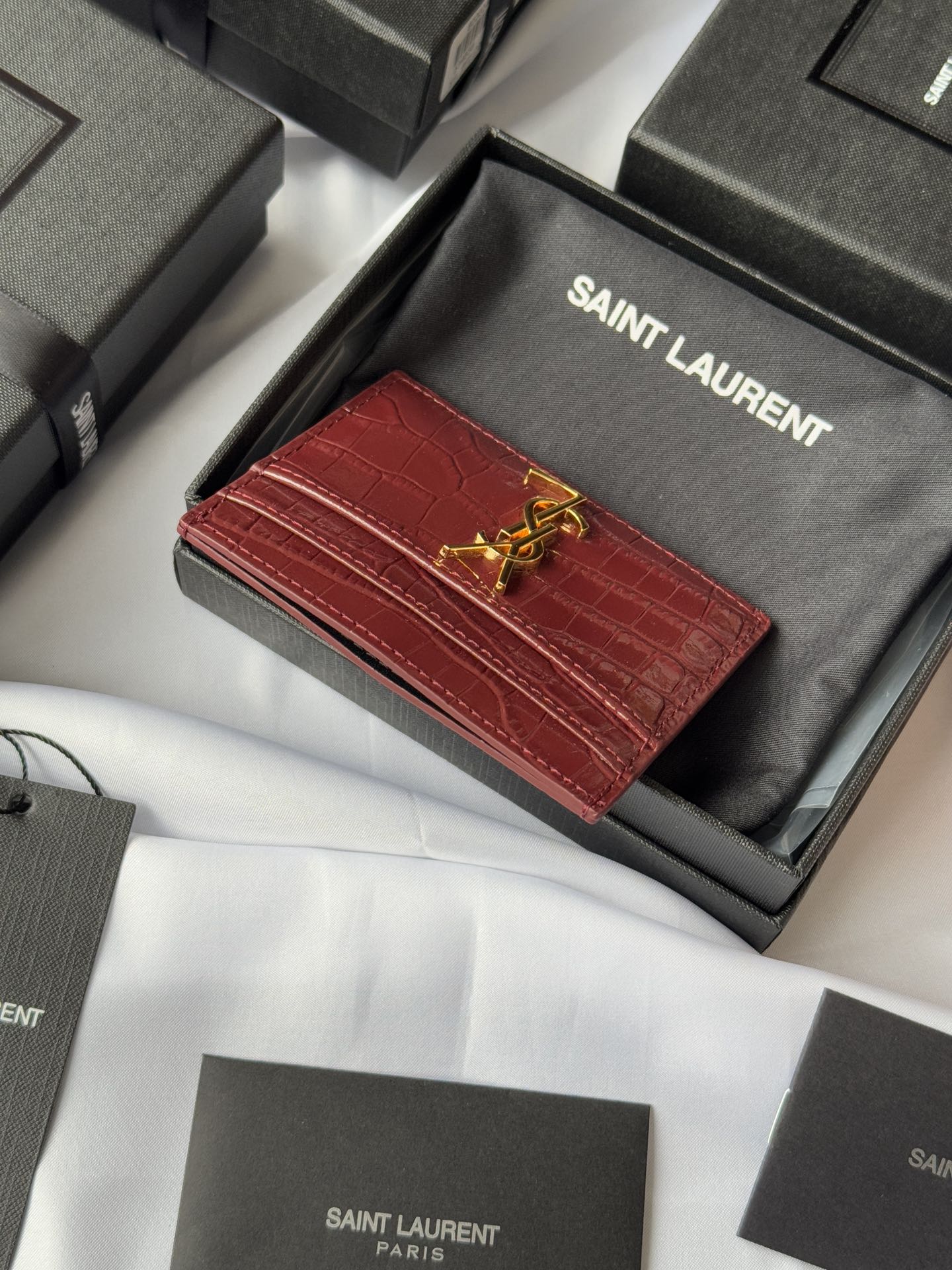 YSL Card Holder 10cm Wallet Burgundy Gold Leather 240559