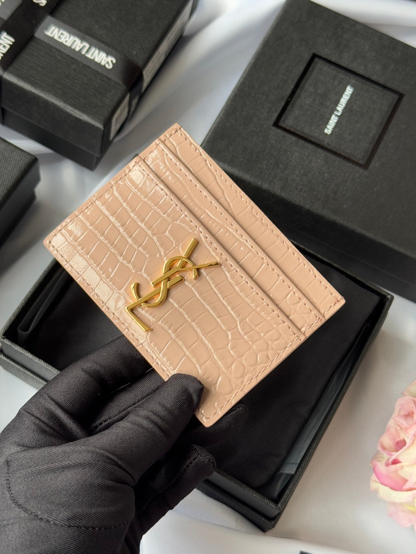 YSL Card Holder 10cm Wallet Pink Gold Leather 240557