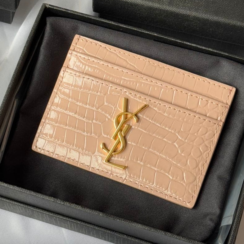 YSL Card Holder 10cm Wallet Pink Gold Leather 240557