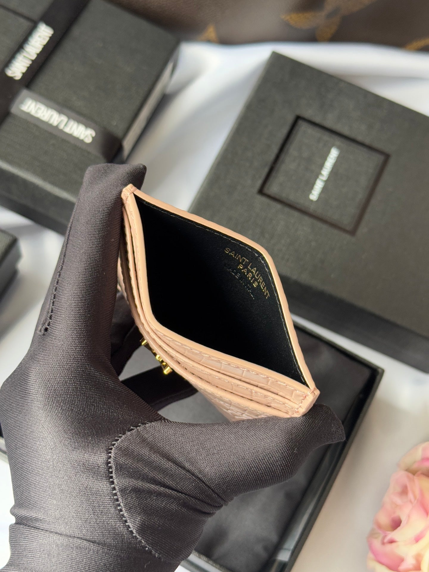 YSL Card Holder 10cm Wallet Pink Gold Leather 240557