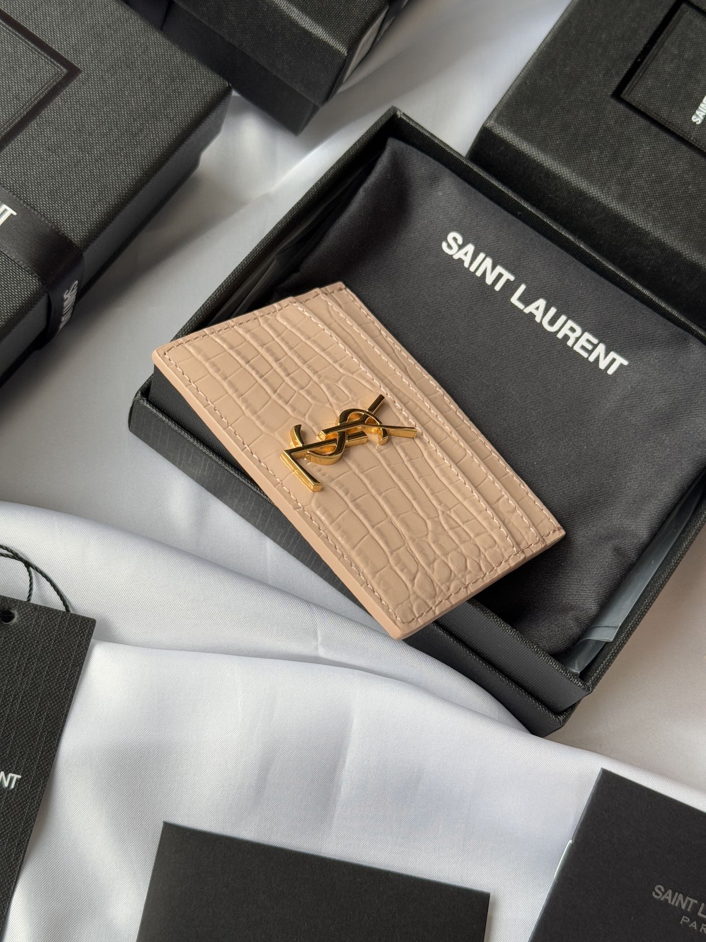 YSL Card Holder 10cm Wallet Pink Gold Leather 240557