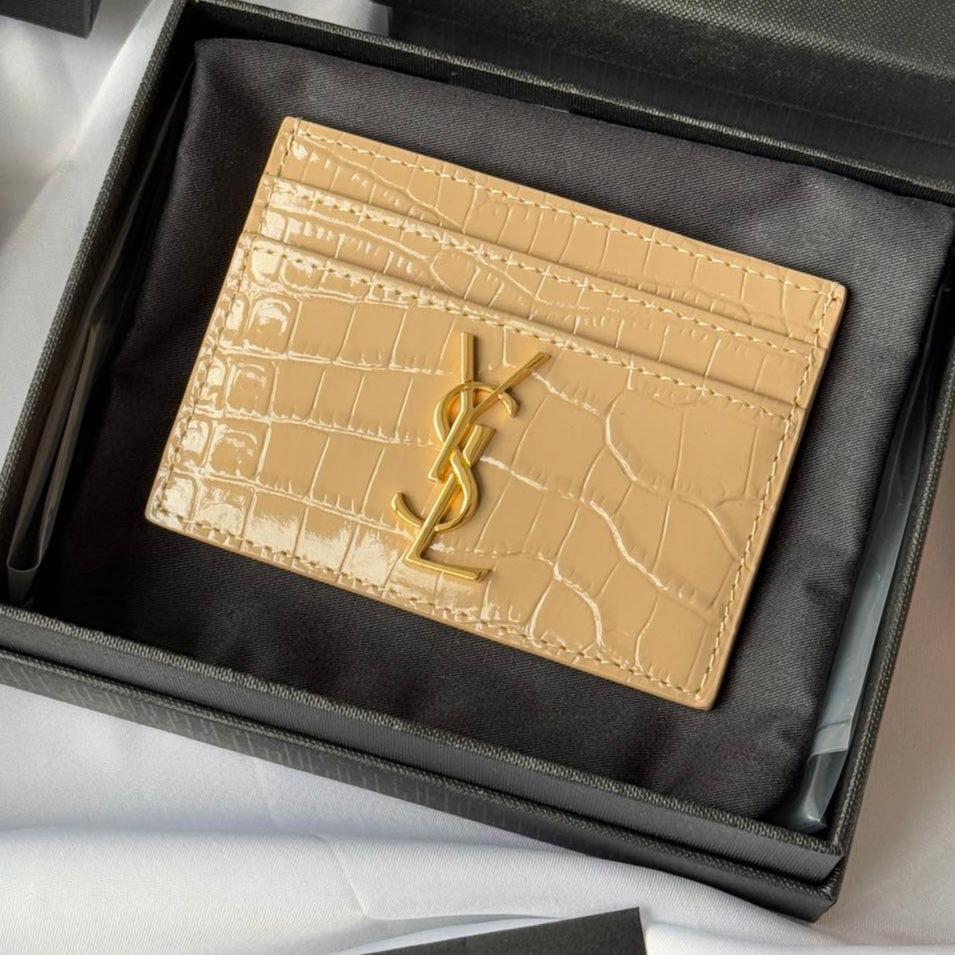 YSL Card Holder 10cm Wallet Beige Gold Leather 240555