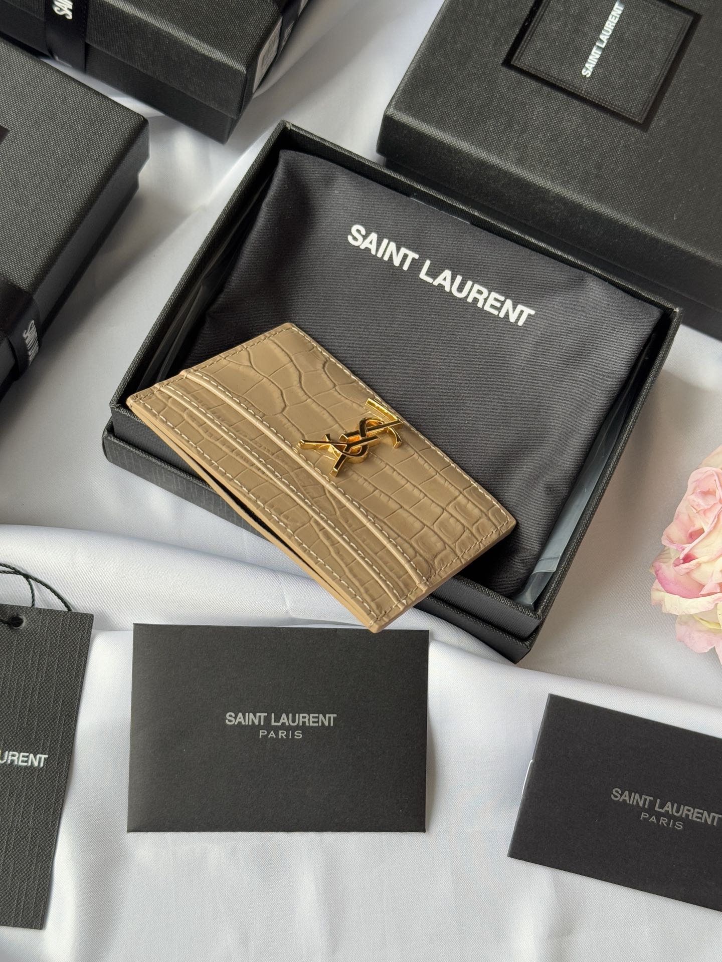 YSL Card Holder 10cm Wallet Beige Gold Leather 240555