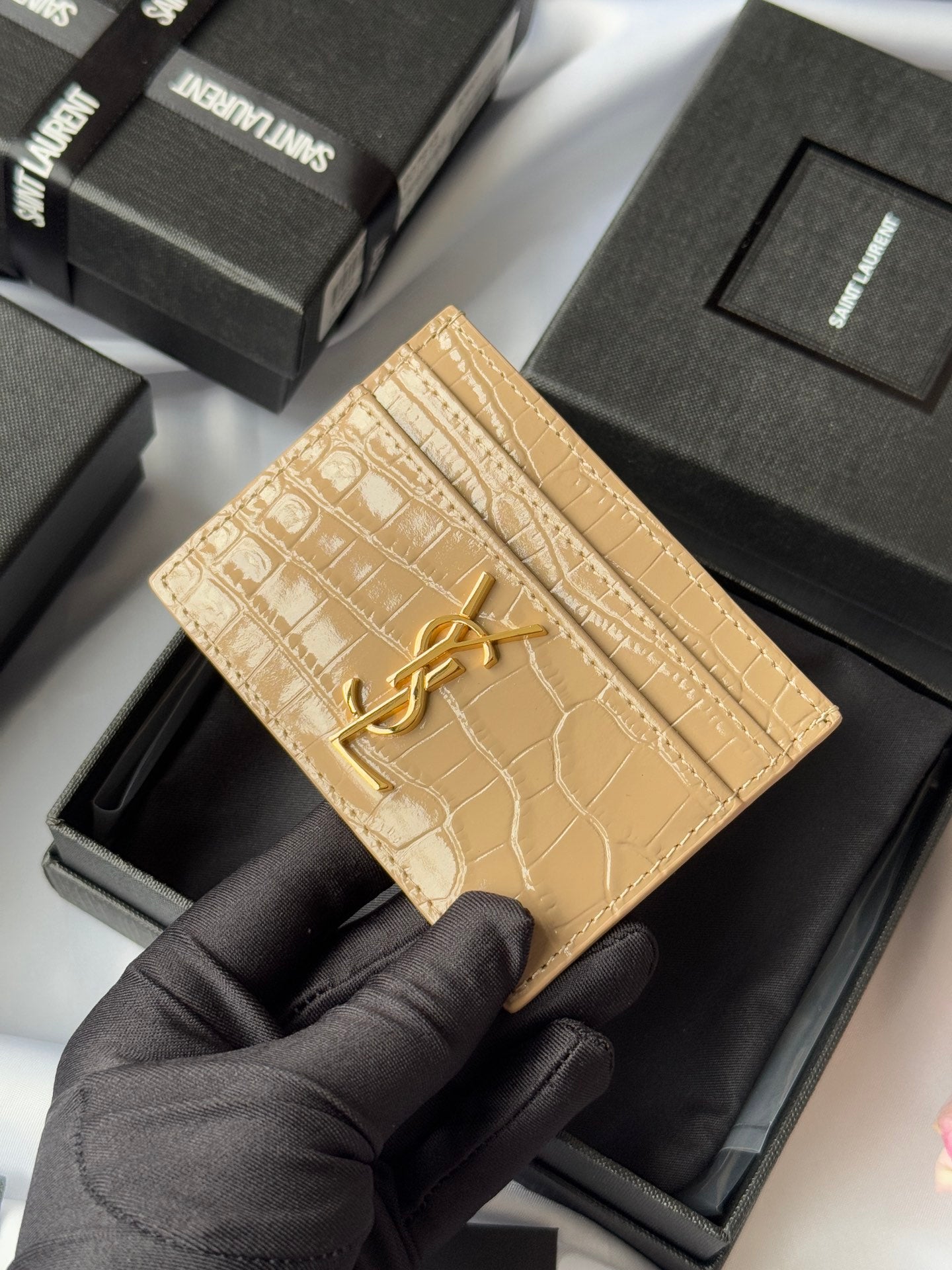 YSL Card Holder 10cm Wallet Beige Gold Leather 240555