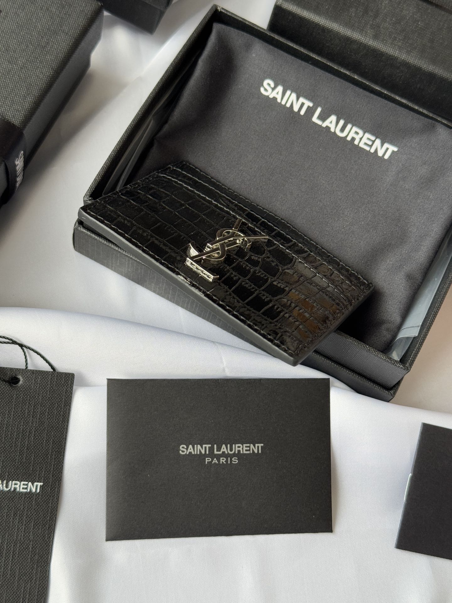 YSL Card Holder 10cm Wallet Black Silver Leather 240554
