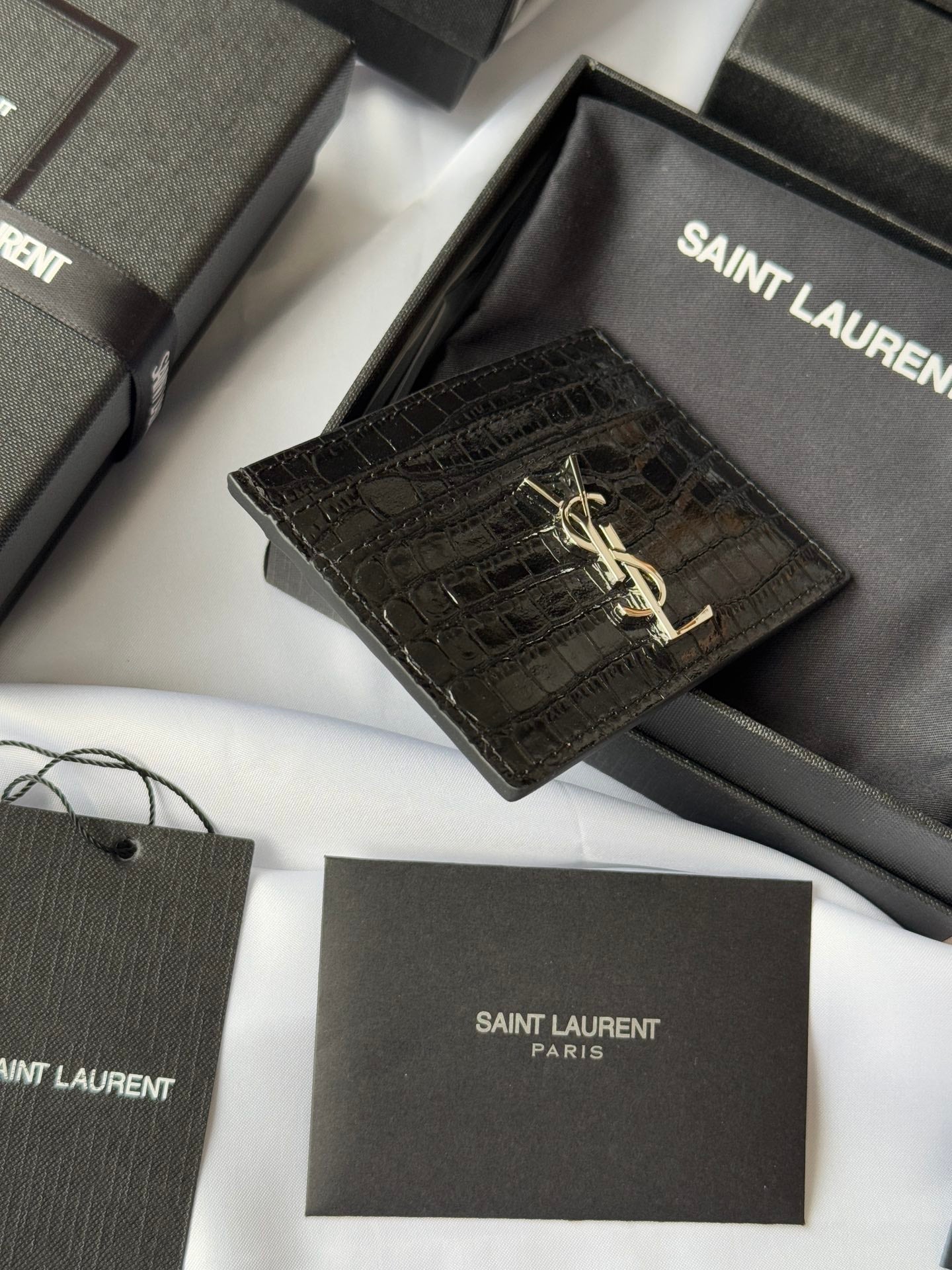 YSL Card Holder 10cm Wallet Black Silver Leather 240554