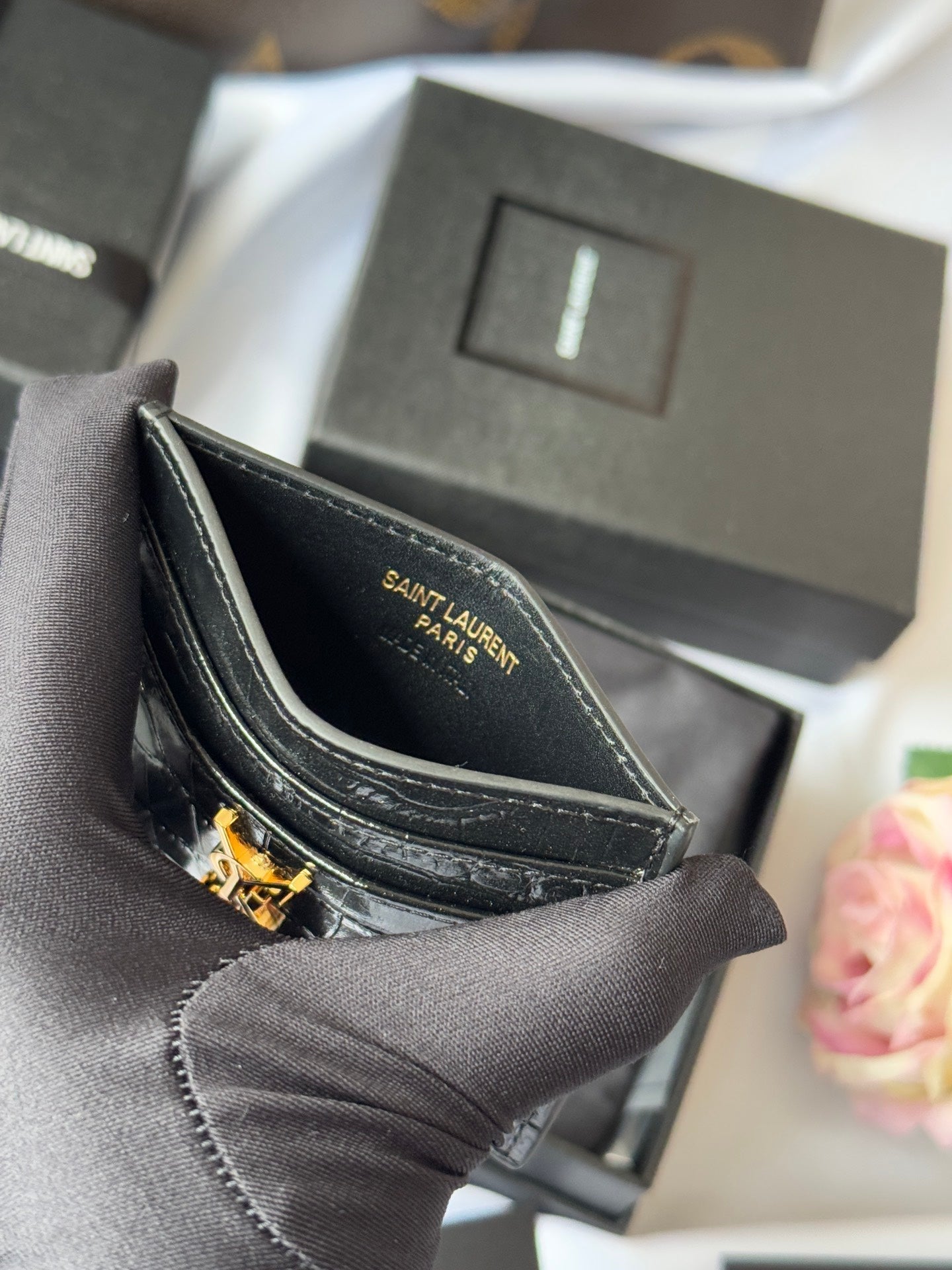 YSL Card Holder 10cm Wallet Black Gold Leather 240550