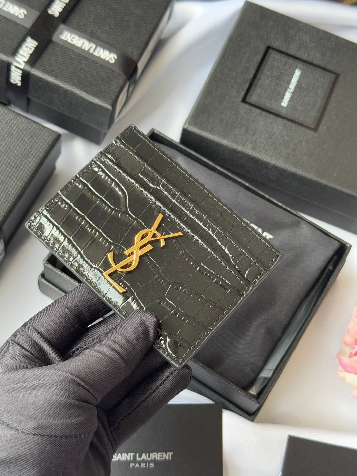 YSL Card Holder 10cm Wallet Black Gold Leather 240550