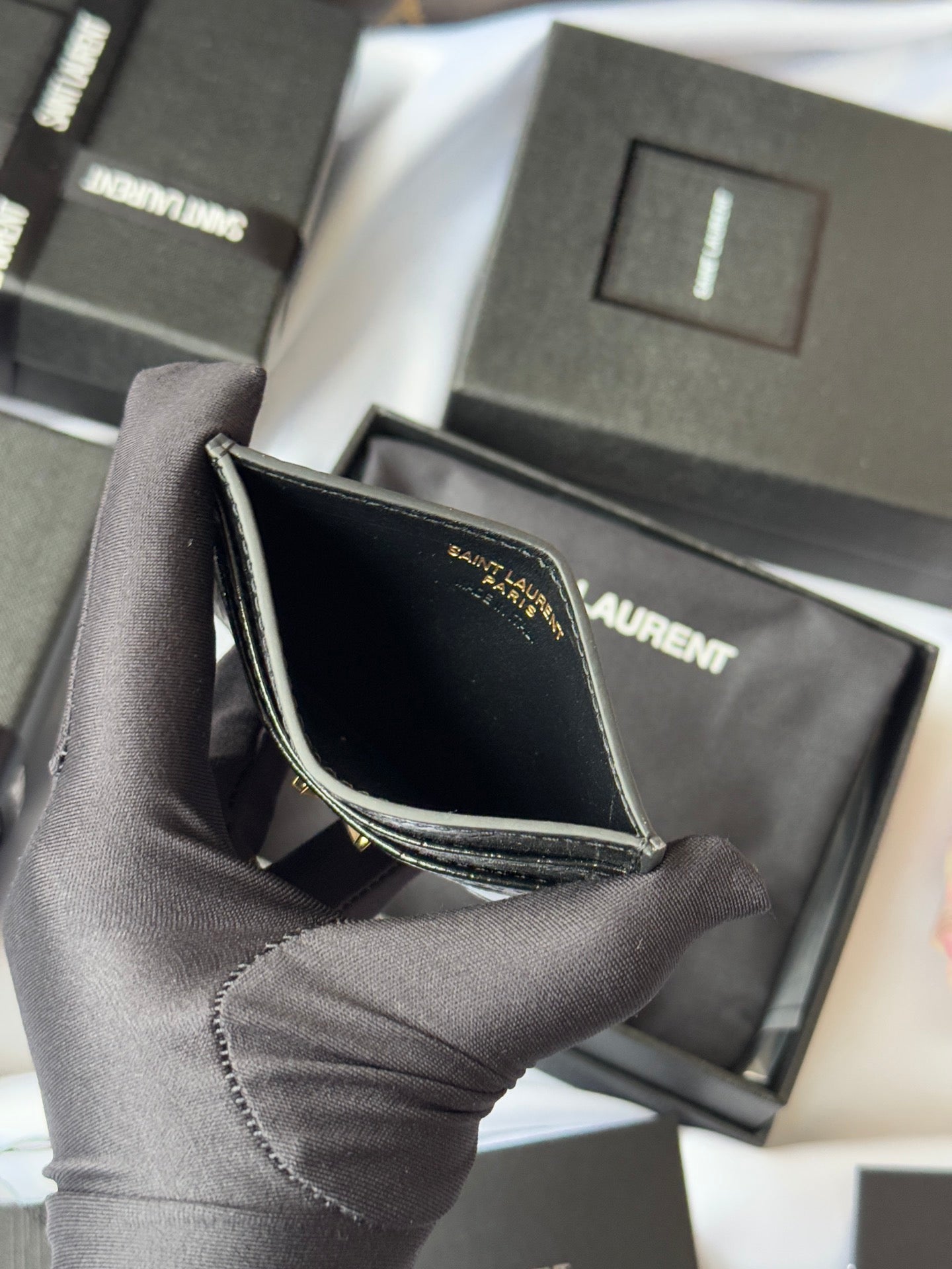 YSL Card Holder 10cm Wallet Black Gold Leather 240550