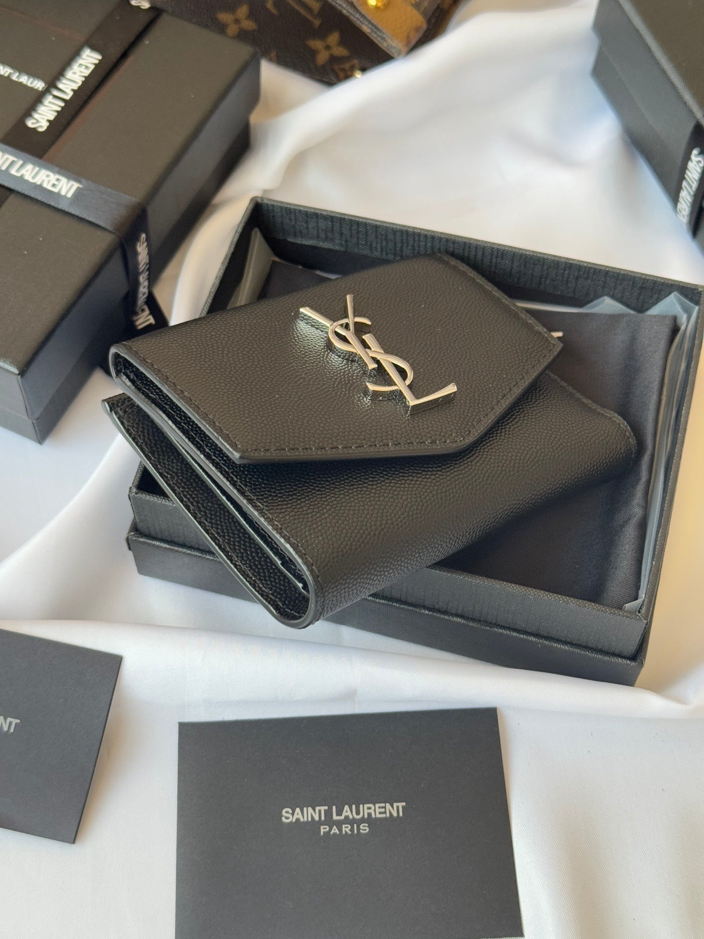 YSL Tri-fold Wallet Black Silver Cowhide 242758
