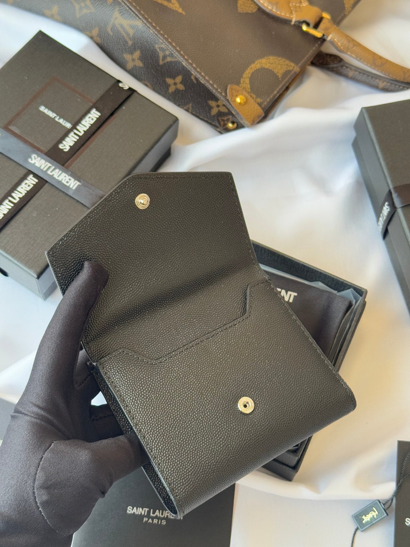 YSL Tri-fold Wallet Black Silver Cowhide 242758
