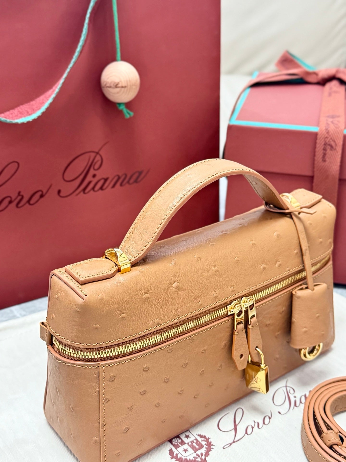 LP 2026 Extra Bag L23 Brown Ostrich Leather With Gold Hardware