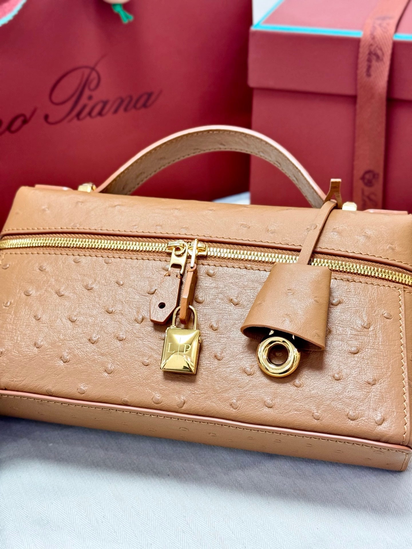 LP 2026 Extra Bag L23 Brown Ostrich Leather With Gold Hardware