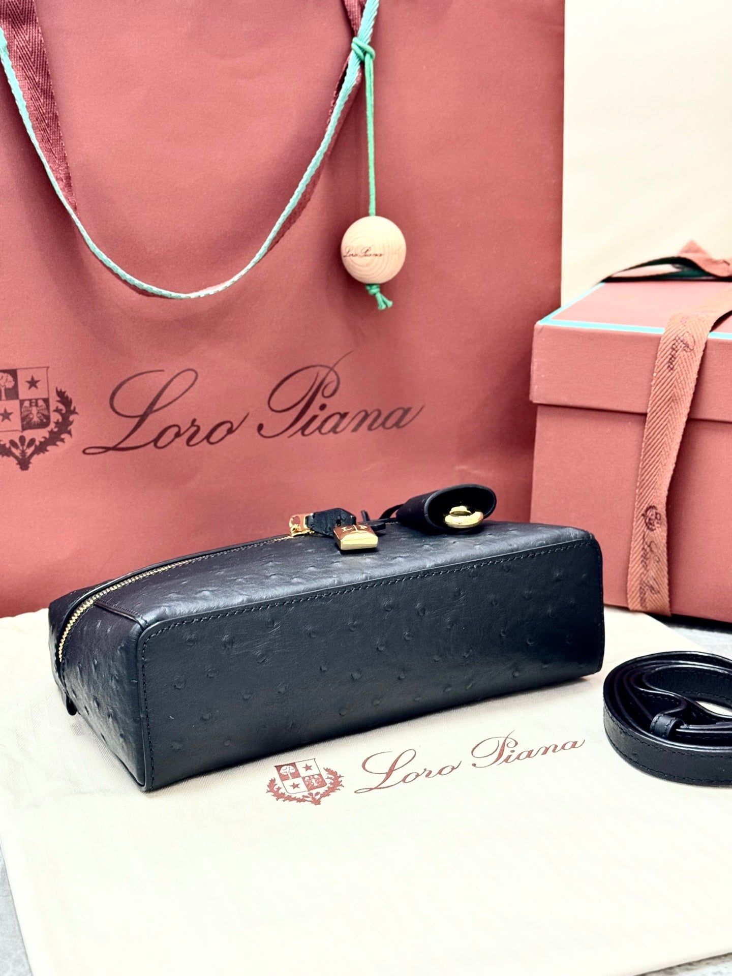 LP 2026 Extra Bag L23 Black Ostrich Leather With Gold Hardware