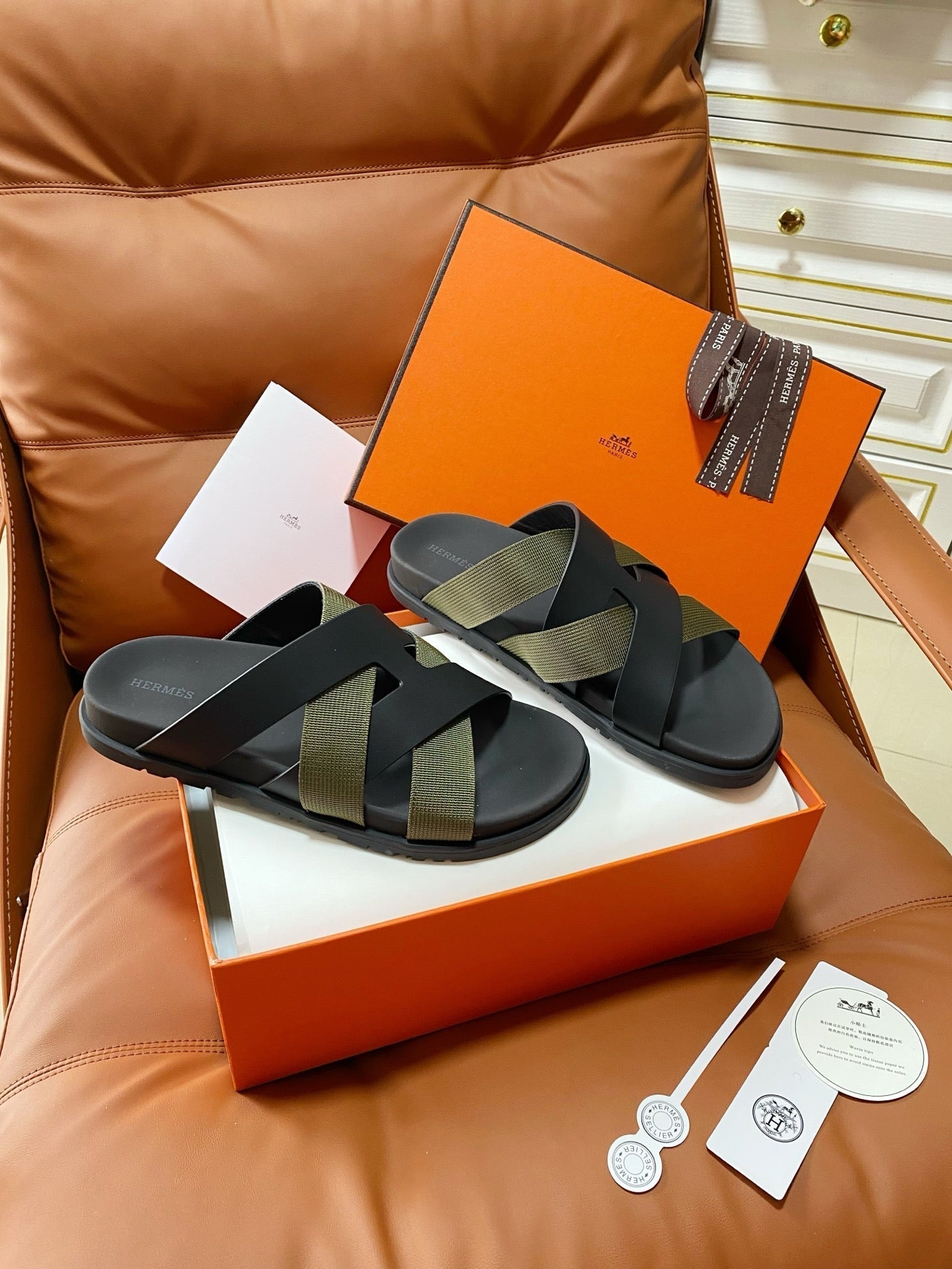HM 2026 Cross Sandals Black Green Calfskin 667283