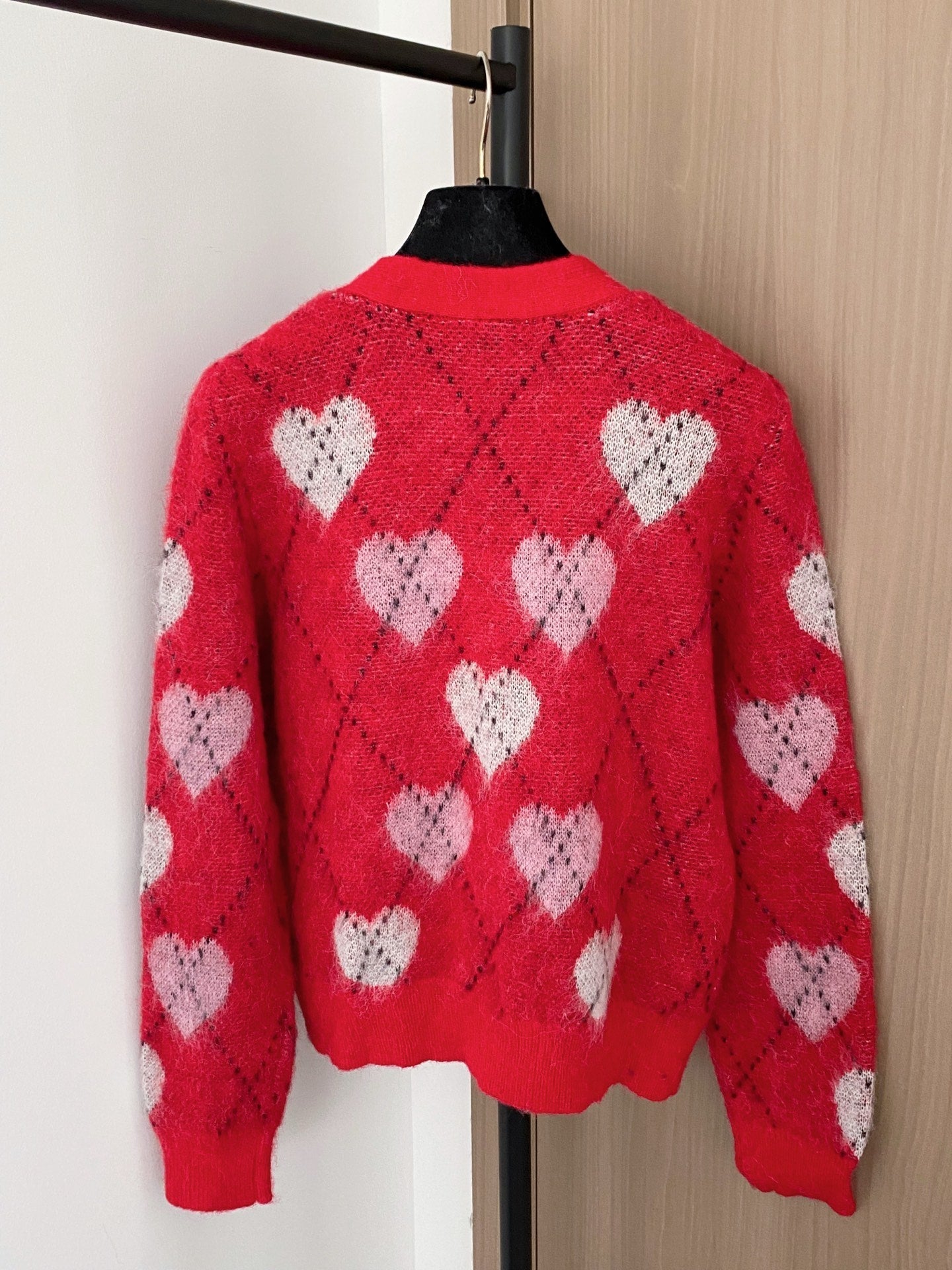 Miumiu 2025 Heart Cardigan Red mix White Wool