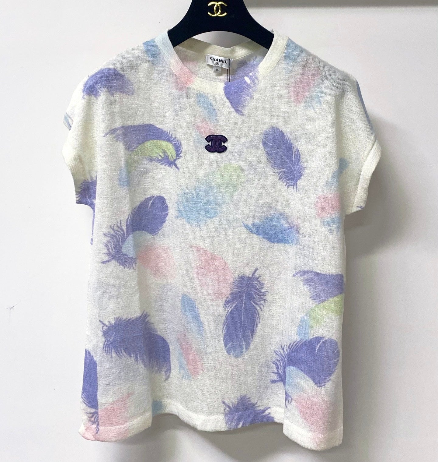 Chanel 2026 Striking Pastel Feather Pattern Short-sleeved Shirt Acrylic 295265