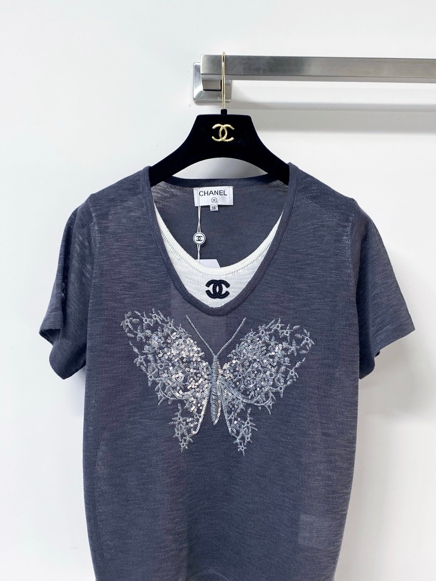 Chanel 2026 Navy Short-Sleeved Shirt Butterfly Graphic Wool 358851