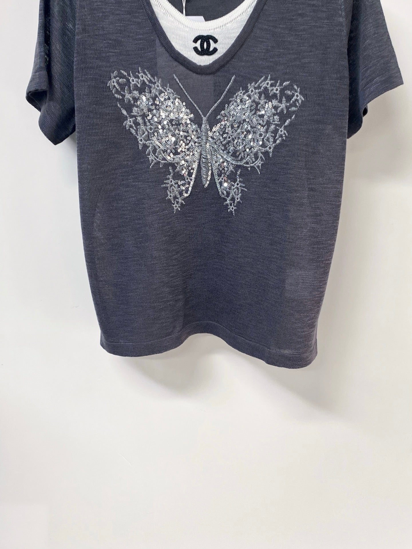 Chanel 2026 Navy Short-Sleeved Shirt Butterfly Graphic Wool 358851