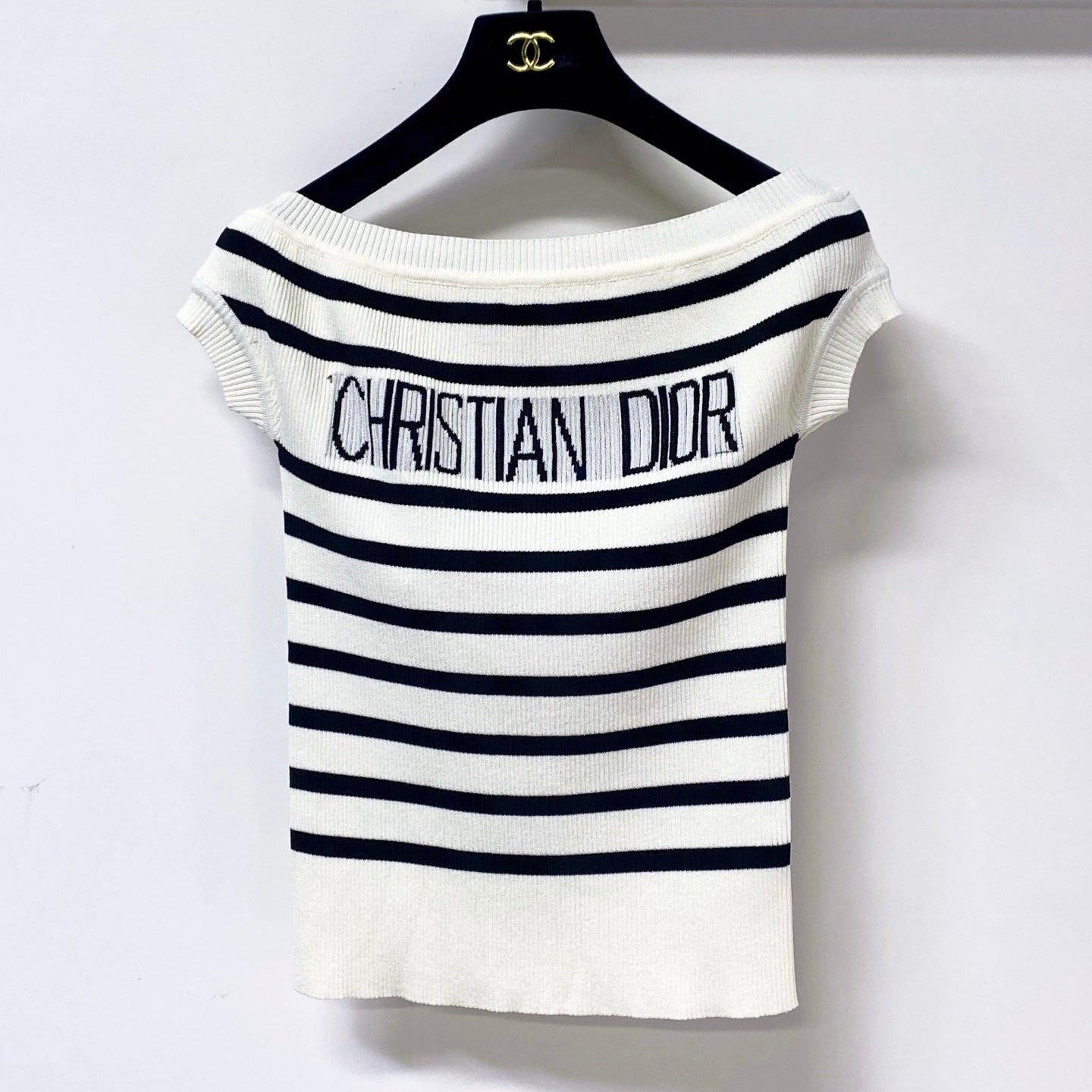Dior 2026 Striped Off-Shoulder Knit Top White Black Wool 396617