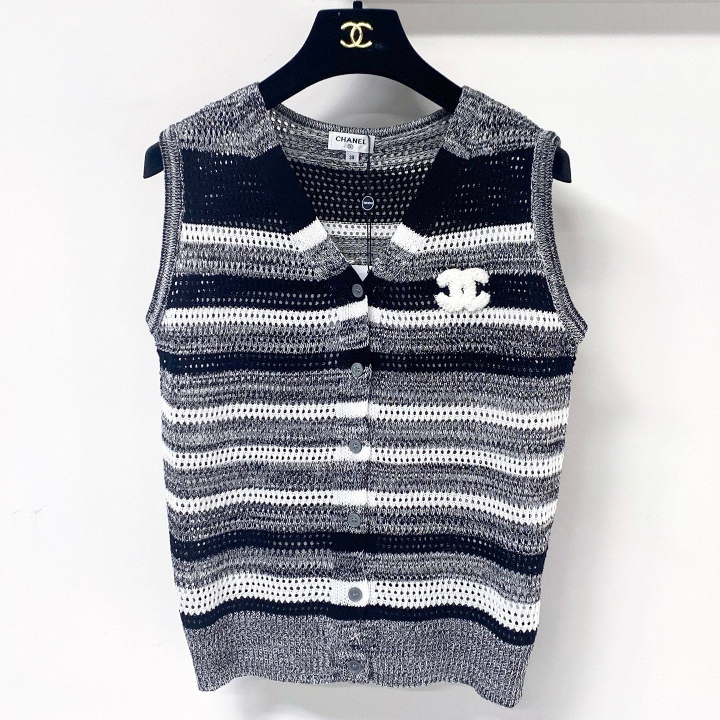 Chanel 2026 Strips Knit Button-Up Vets Grey Cotton 405725