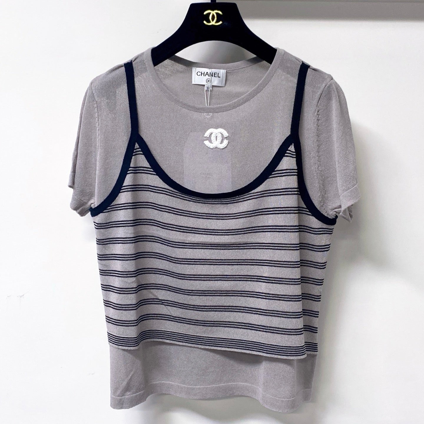 Chanel 2026 Grey Knit Top Striped Camisole Overlay 416252