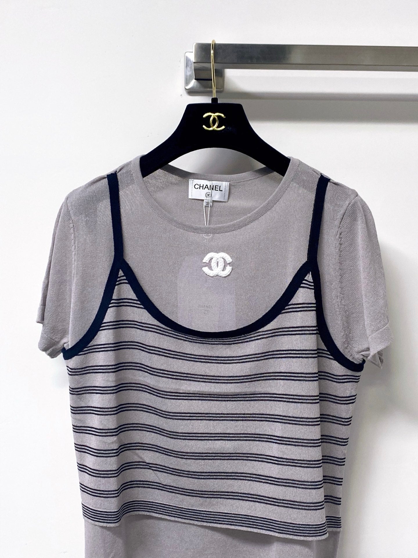 Chanel 2026 Grey Knit Top Striped Camisole Overlay 416252