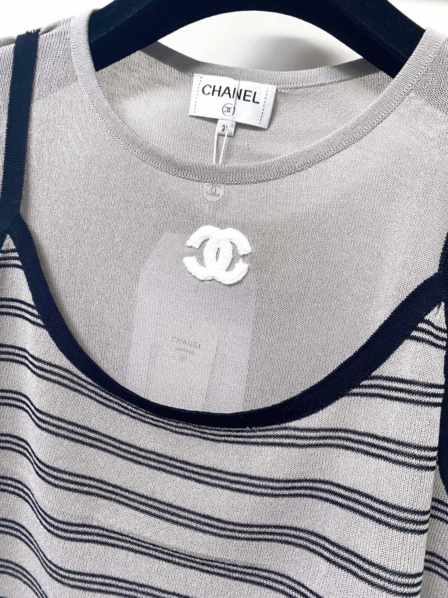 Chanel 2026 Grey Knit Top Striped Camisole Overlay 416252