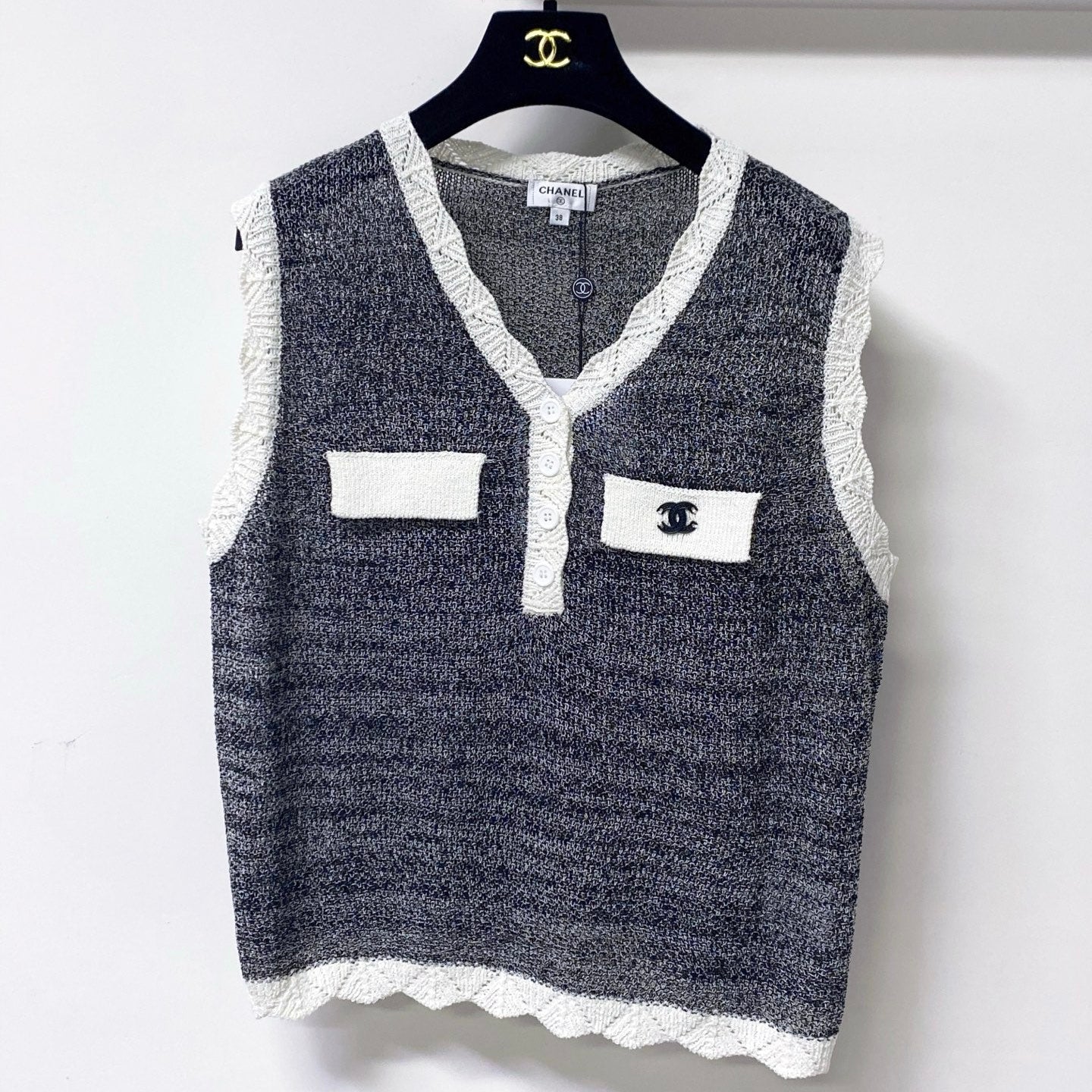 Chanel 2026 V-neck Knit Vest Grey With White Trim Cotton 427597