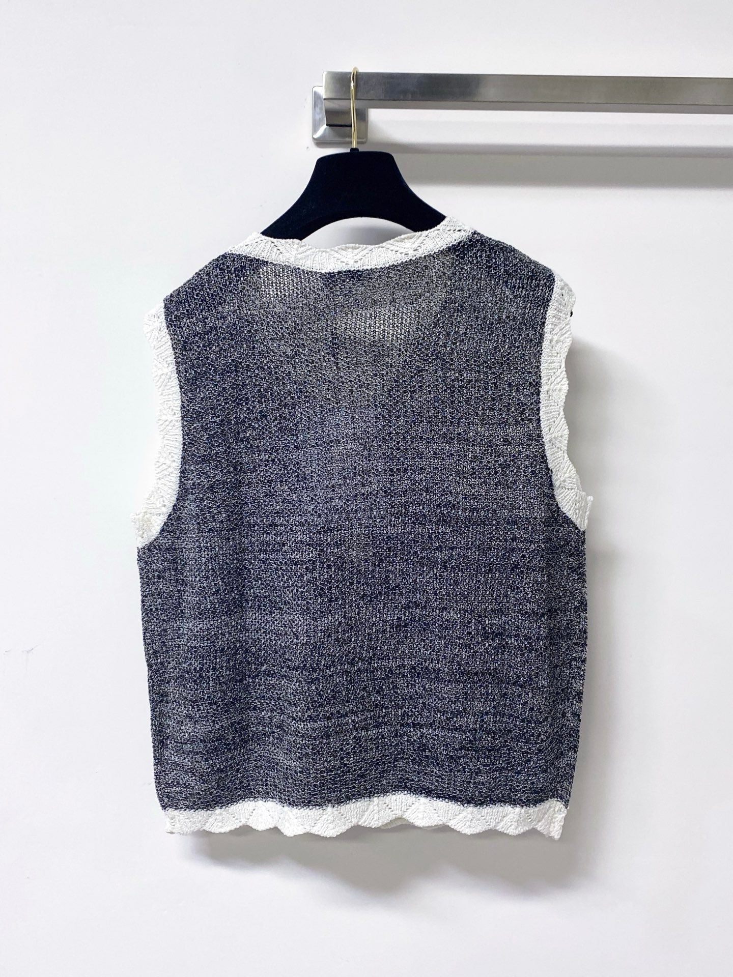Chanel 2026 V-neck Knit Vest Grey With White Trim Cotton 427597