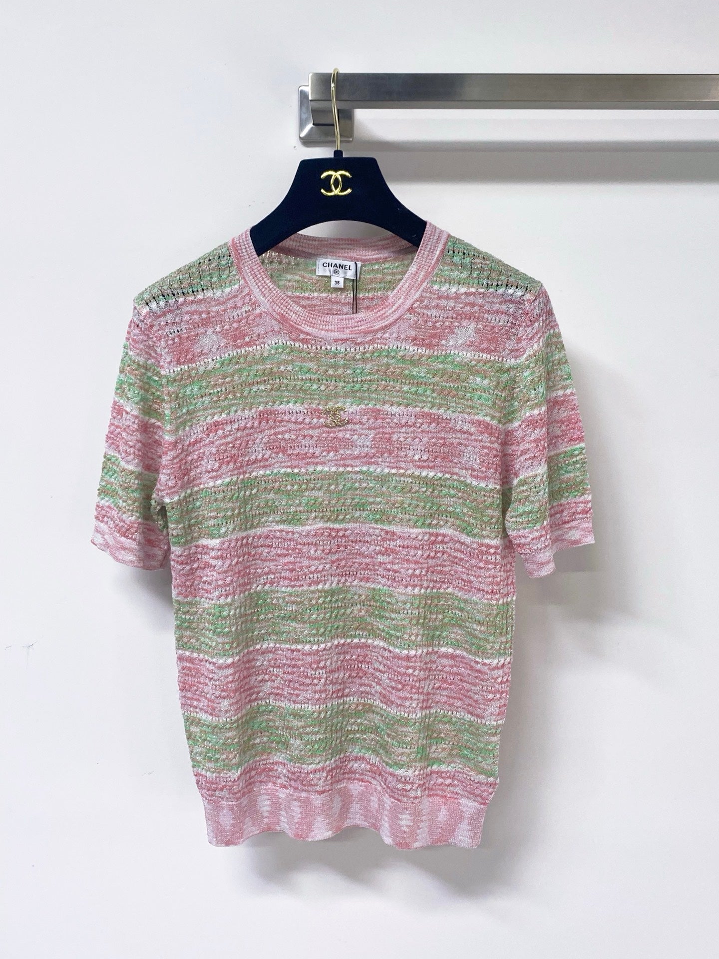 Chanel 2026 Striped Knit Short-Sleeve Sweater Wool 435128