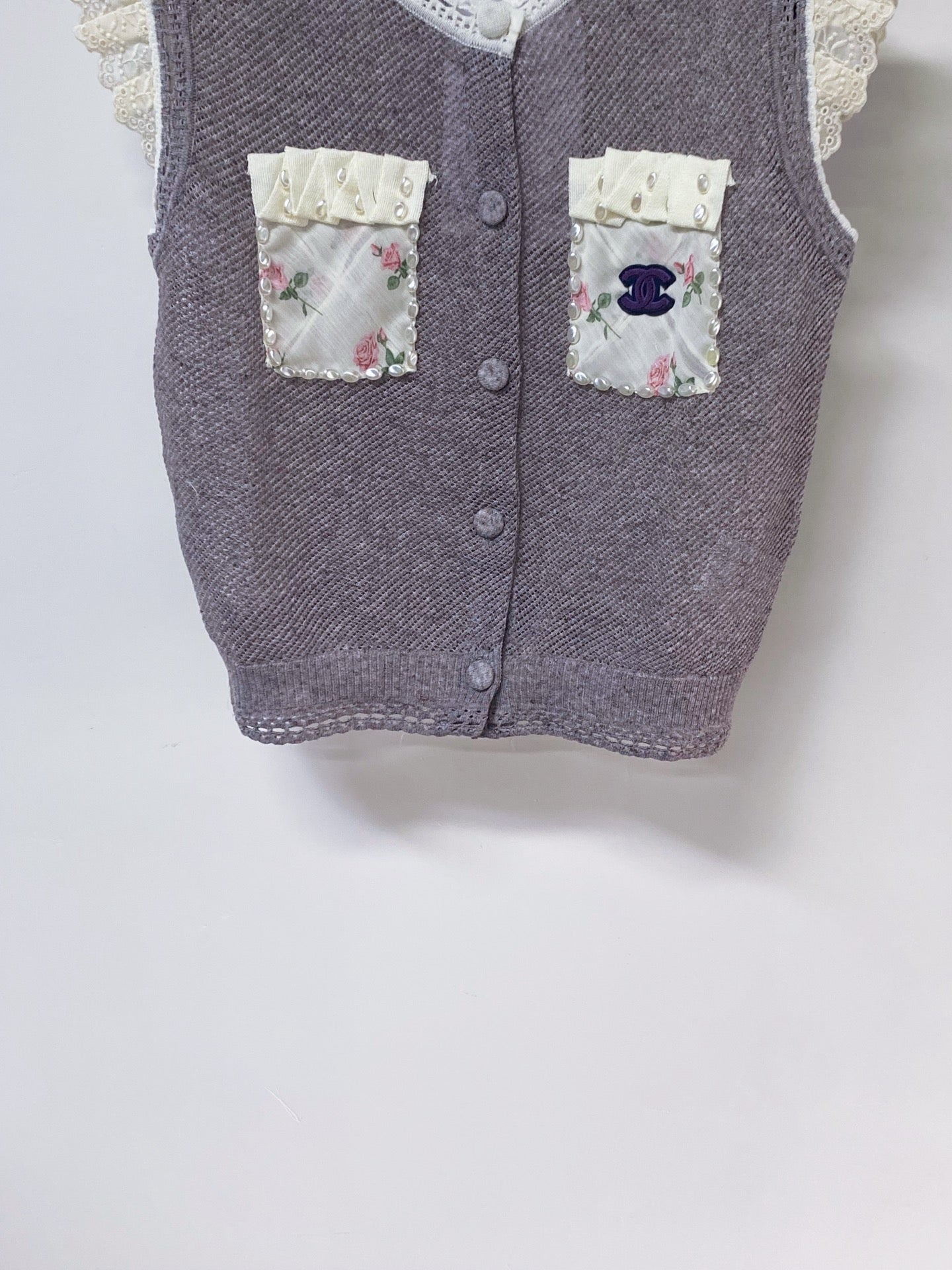 Chanel 2026 Lace Trim Knit Vest Purple Floral Details Wool Laine 463560