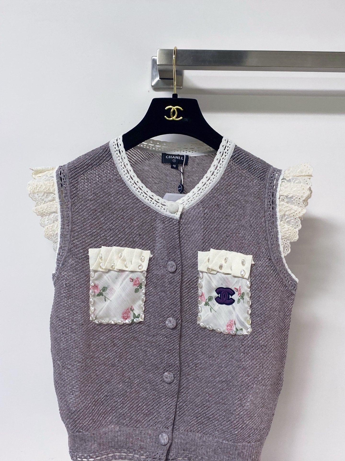 Chanel 2026 Lace Trim Knit Vest Purple Floral Details Wool Laine 463560
