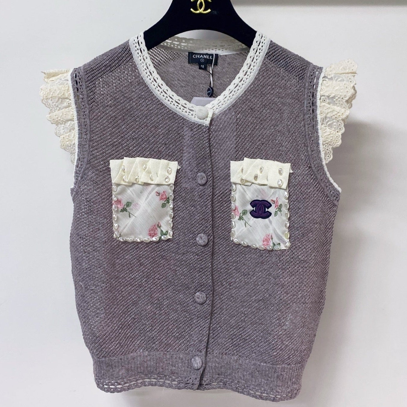 Chanel 2026 Lace Trim Knit Vest Purple Floral Details Wool Laine 463560