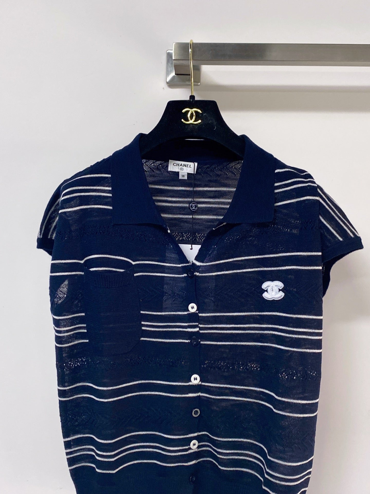 Chanel 2026 Polo Knit Top Navy Flax Lelin With CC Logo 463554